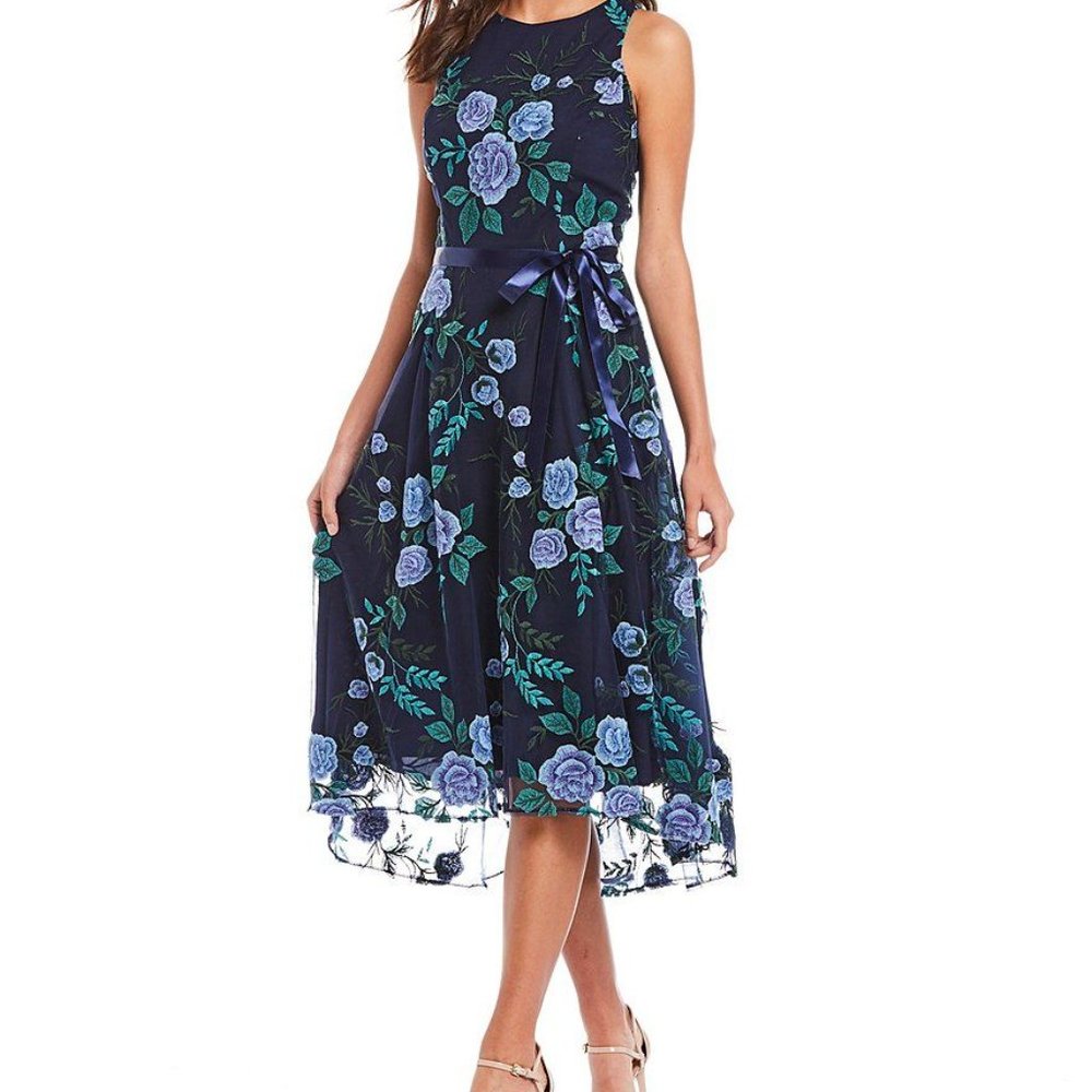 TAHARI ASL Sz 14 Floral Embroidered Floral Midi Dress Blue